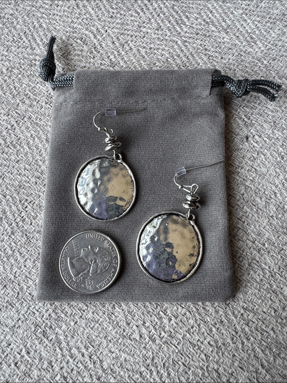 Hammered Round Silver Drop Earrings